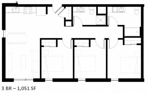 Floor plan for 3 beds, 2 baths, 1050 sqft